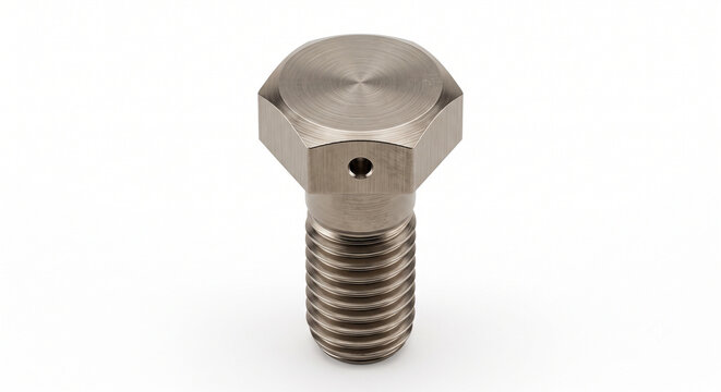 Macro photograph of a drilled head aircraft bolt. Precision machined titanium hex bolt with a safety wire hole isolated on white.