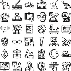 Fototapeta premium Set of diverse outline icons covering concepts from digital technology and social interaction to healthcare, industry, and daily life, presented on a white background
