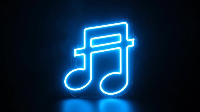 Glowing blue neon music note against a dark background, reflecting below