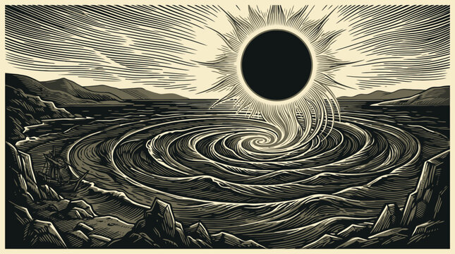 Surreal landscape vortex with dark sun and swirling sand vector illustration.