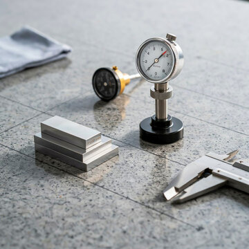 A pre-dawn scene of a micrometer, gauge, and tools on a speckled grey surface