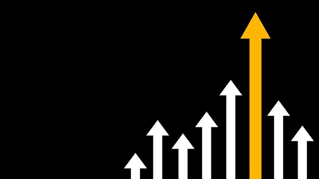 Business, growth, animation, showing, white, arrows, rising, with, one, yellow, arrow, leading, the, way, isolated, on, black, background, market, success, indicator, competitive, Alpha channel.