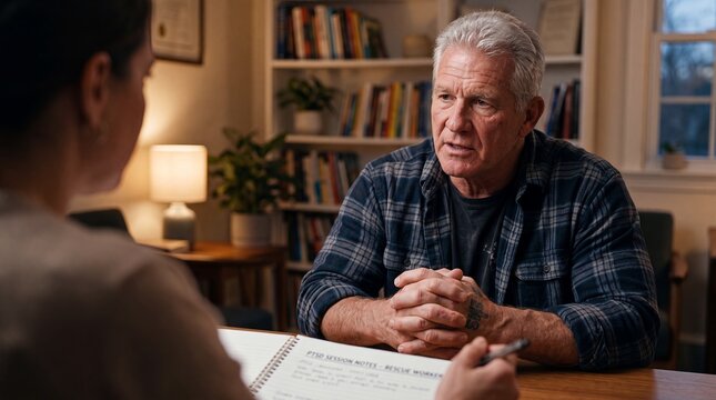 counseling therapy senior man therapist conversation wellbeing support reflection trust as an older adult shares concerns during a session representing resilience healthy aging and wellness services