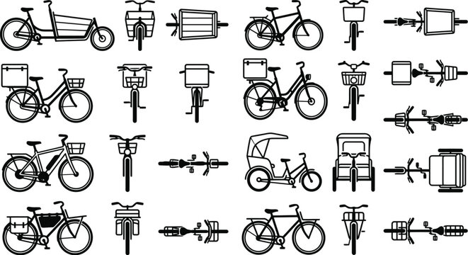 Bicycle transportation and urban cargo bikes vector icon collection featuring cargo delivery ebike rickshaw side views
