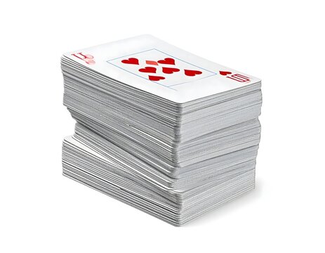 Stack of playing cards on white background showing hearts suit