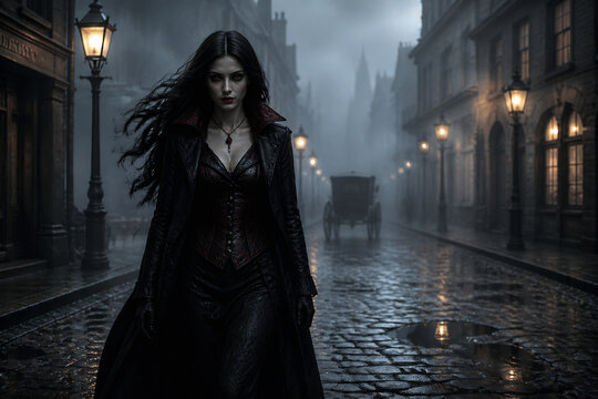 A dark-haired woman in a dramatic cloak stands on a wet, cobblestone street in a foggy, gothic city at night.