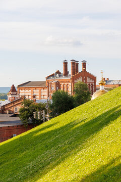 Zhiguli Brewery historic building on green hillside in Samara Russia