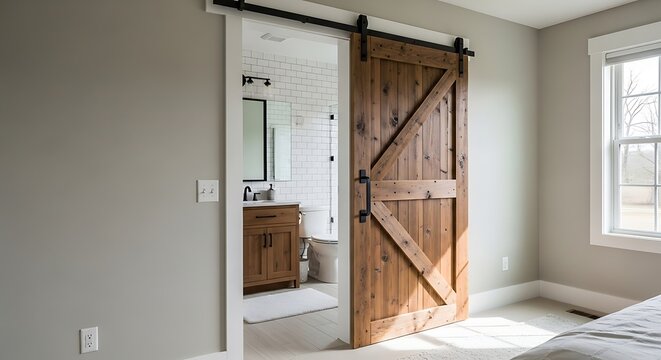 Rustic Wooden Sliding Barn Door Open to Bright Bathroom in Modern Bedroom