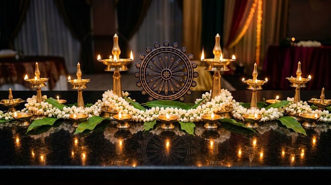 Elegant brass oil lamps diya arranged on dark polished table decorated with white jasmine flowers and traditional chakra wheel centerpiece for festival celebration interior decor.