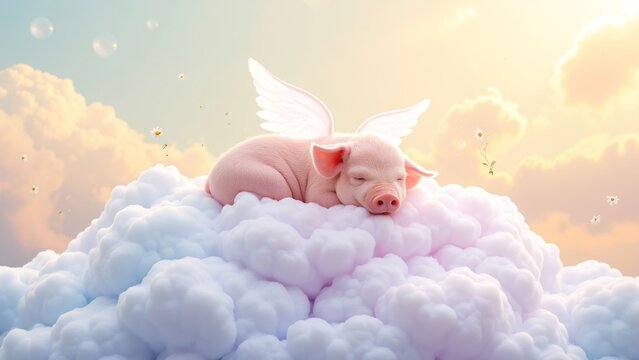 Cute Piglet Sleeping on Clouds