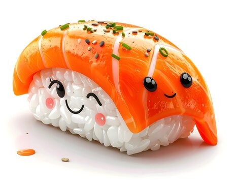 Cute salmon sushi with happy face winks and smiles on white background