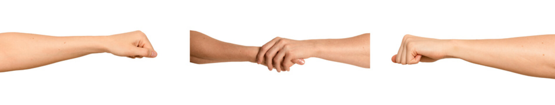 Female fists shown in side view, arms reaching toward each other. Knuckles facing forward as if