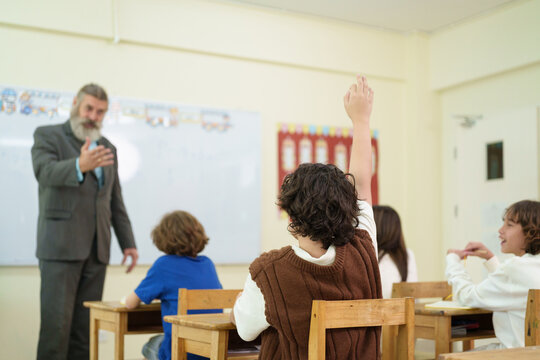 Confident elementary student raises hand to answer a teacher question during an interactive classroom lesson, showing participation and active learning.