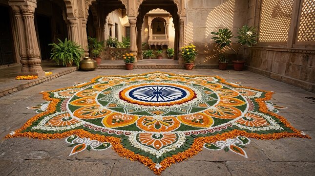 Beautiful rangoli with ashoka chakra indian flag design decorates an ancient indian courtyard, symbolizing indian independence day republic day, traditional art.