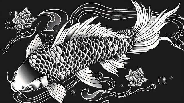 Japanese Koi Fish Line Art Illustration On Black Background