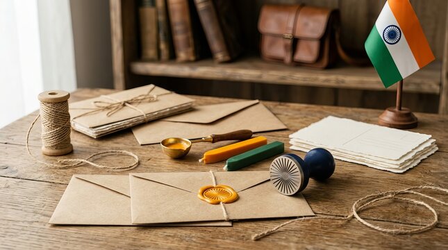 Vintage desk scene with envelopes tied with twine, wax seals, spool of thread, and india flag, evoking traditional correspondence and historical communication methods.