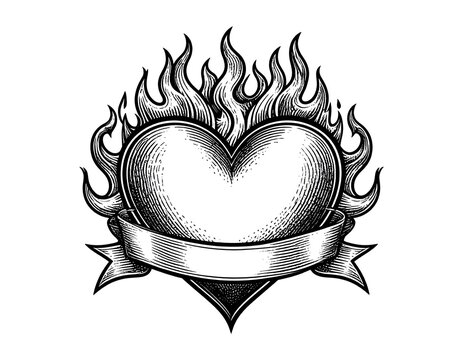 Vintage engraving style heart with flames and banner for text