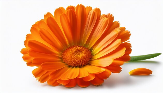 Vibrant Orange Calendula Flower With Detailed Petals And Green Stem On White Background