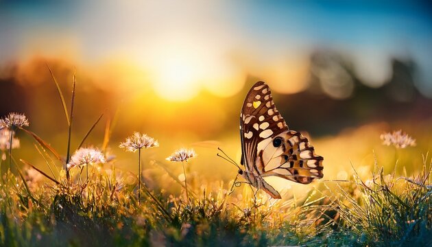 Cool Image Of Morning Nature With Butterfly Against Blurred Meadow Background Beautiful Spring Summer Nature Wallpaper