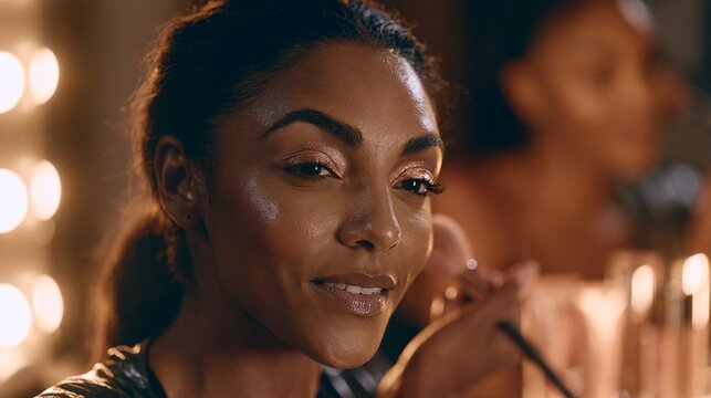 A close-up portrait of a beautiful woman with dark skin and a radiant smile, adorned with makeup and illuminated by soft, warm lights. Her eyes are sparkling, and she exudes confidence and allure