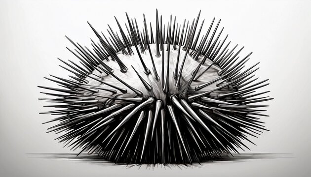 Striking Black And White Graphic Design Element Depicting A Spiky Sea Urchin Or Abstract Spiky Explosion Isolated Against A Clean White Background