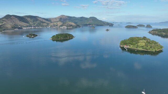 Angra dos Reis, Rio de Janeiro. Aerial view, establishing shot.