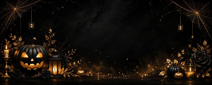 Elegant halloween background with black gold pumpkin lanterns and gothic decor for premium celebrations