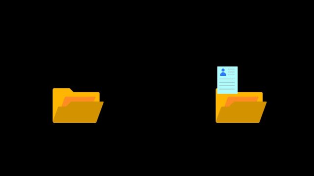 File, transfer, animation, document, moving, from, one, yellow, folder, to, another, on, Alpha channel, digital, data, storage, concept, information, management, 4k.
