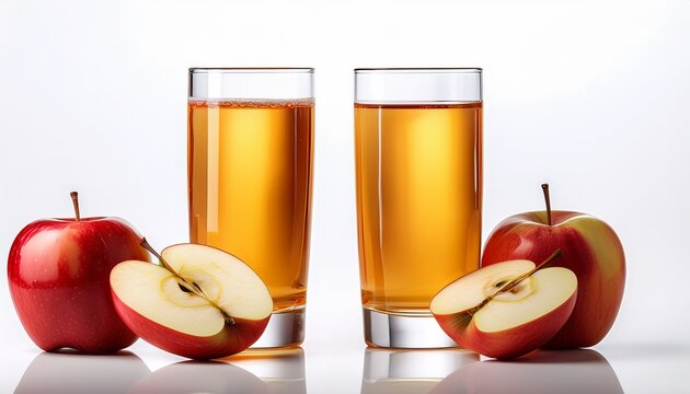 Two Juice Glasses Beside Sliced Apples Bright White Background