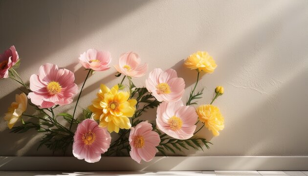 A Delicate Arrangement Of Pink And Yellow Flowers Casting Soft Shadows On A Textured Wall