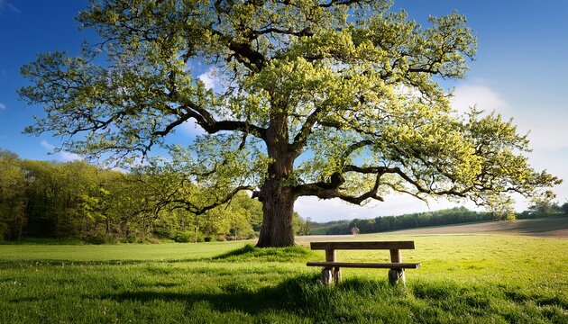 Oak Tree With Spring Catkins And Bench In Meadow