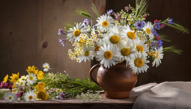 Still Life With A Bouquet Of Daisies And Wildflowers