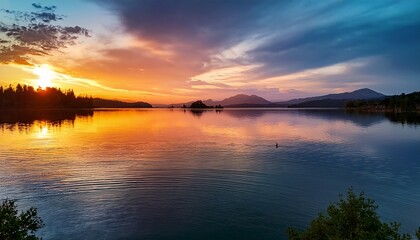 Obraz premium Sunset Over A Lake With Calm Waters