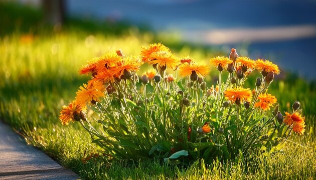 Close Up Of Bright Orange Hawkweed Wildflowers Blooming In Green Grass Near A Sidewalk On A Sunny Day
