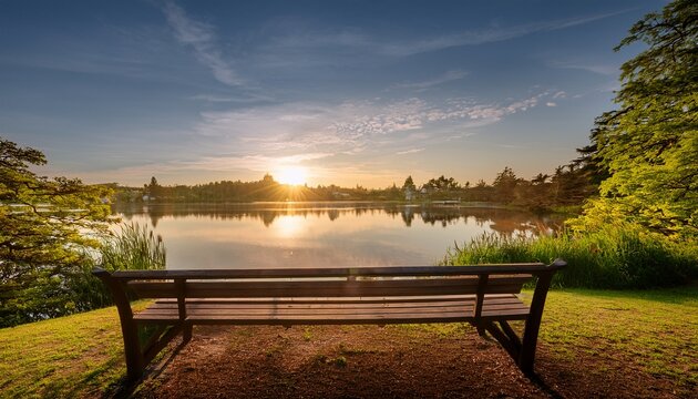 A Tranquil Lakeside Scene At Sunset With A Wooden Bench Overlooking The Water Surrounded By Trees And Greenery Reflecting Peace And Calm
