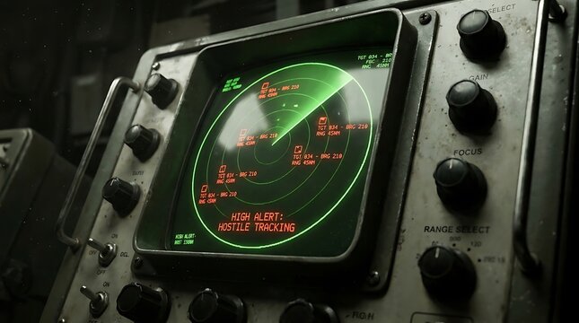 Military radar screen showing a high alert hostile tracking display inside a dark submarine control room