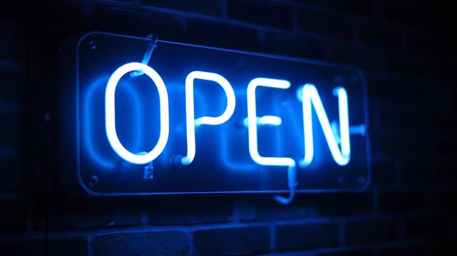Glowing blue neon sign displaying the word "OPEN" on a brick wall