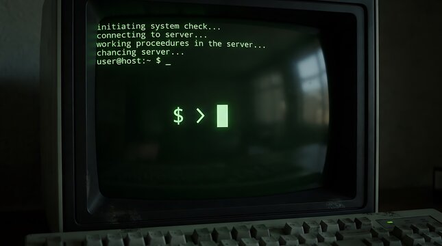 Computer screen showing command line terminal interface with system check text and blinking cursor on dark monitor
