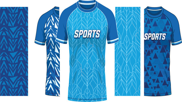 Blue Sports Jersey Templates with Geometric & Leaf Patterns &ndash; Soccer Football Shirt Designs