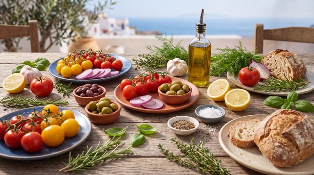 Fresh tomato olive onion and herb salad with olive oil lemon garlic and rustic bread on wooden table Mediterranean diet healthy eating outdoor summer meal