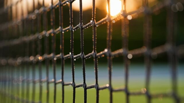 Close-up sports net with dark woven cords, sharp knots, warm sunset glow, soft green field, shallow focus, golden bokeh, diagonal lines, quiet athletic atmosphere