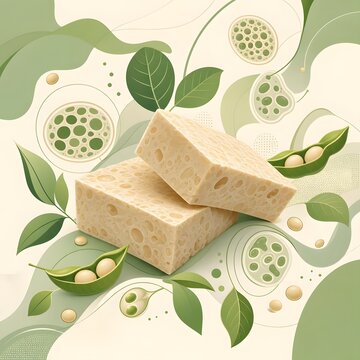 Stylized illustration of fresh organic tempeh blocks with soybeans and leaves, AI Generated