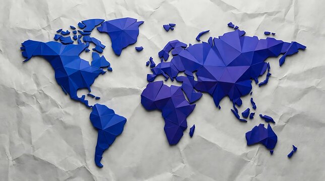 Blue low poly world map illustration showing continents with geometric triangle shapes for global business design