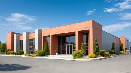 Obraz premium Modern industrial warehouse building with orange facade. Commercial property for business real estate.