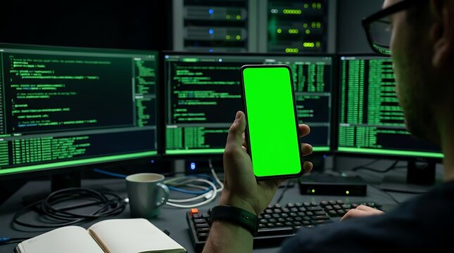 Software developer holding a mobile phone with a green screen in a dark office room with many computer monitors