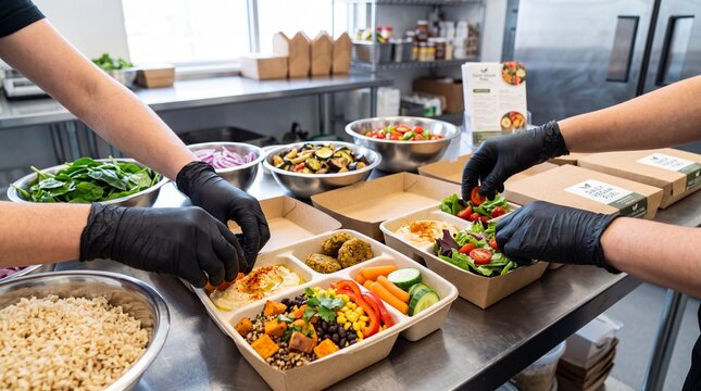Vegan meal prep with fresh vegetables, hummus, falafel, and salad in eco friendly containers, prepared by chefs wearing black gloves in commercial kitchen setting
