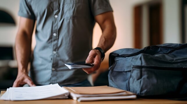 A person prepares to travel by organizing documents and packing essentials into a duffel bag on a wooden table
