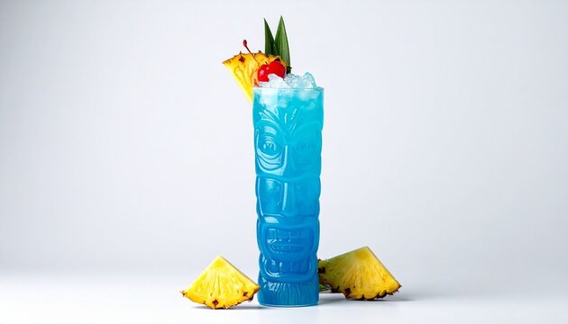 Bright blue tropical cocktail with pineapple garnish, cherry, ice cubes, refreshing summer drink.