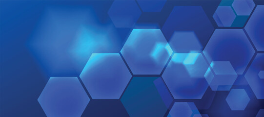 Blue abstract background with translucent hexagons and bokeh lights. © Azahar