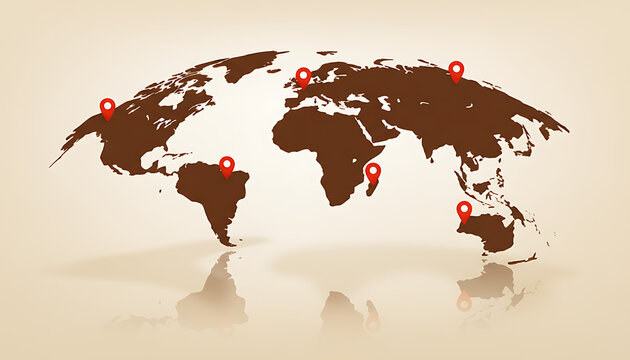 Brown pixel art world map with red location pins